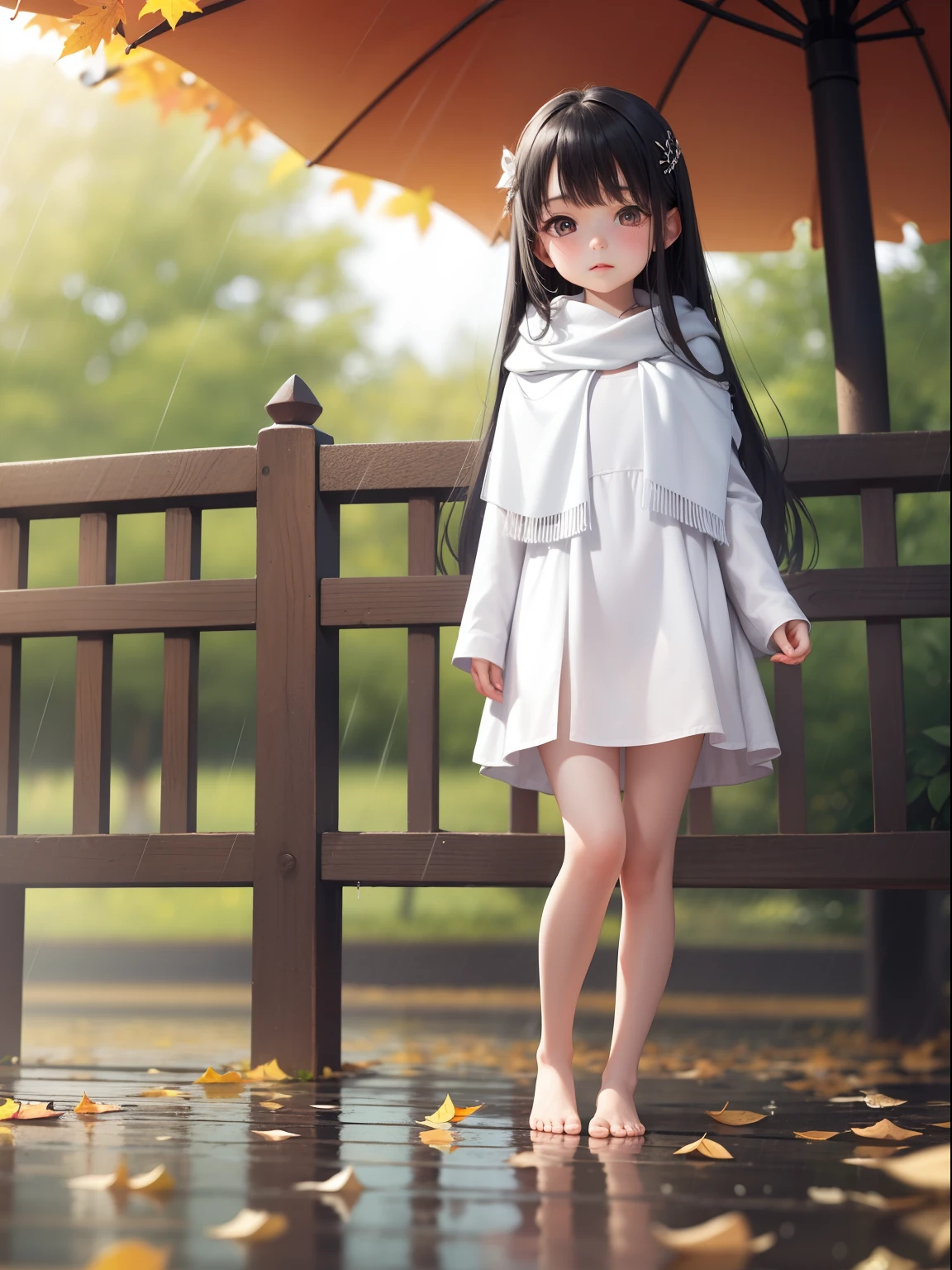 Eight-year-old little loli, cute face, white shawl long hair, red pupils, white dress, naked legs, no shoes, perfect calf curve, cute little feet. On a rainy day, in the park, stepping on fallen leaves.