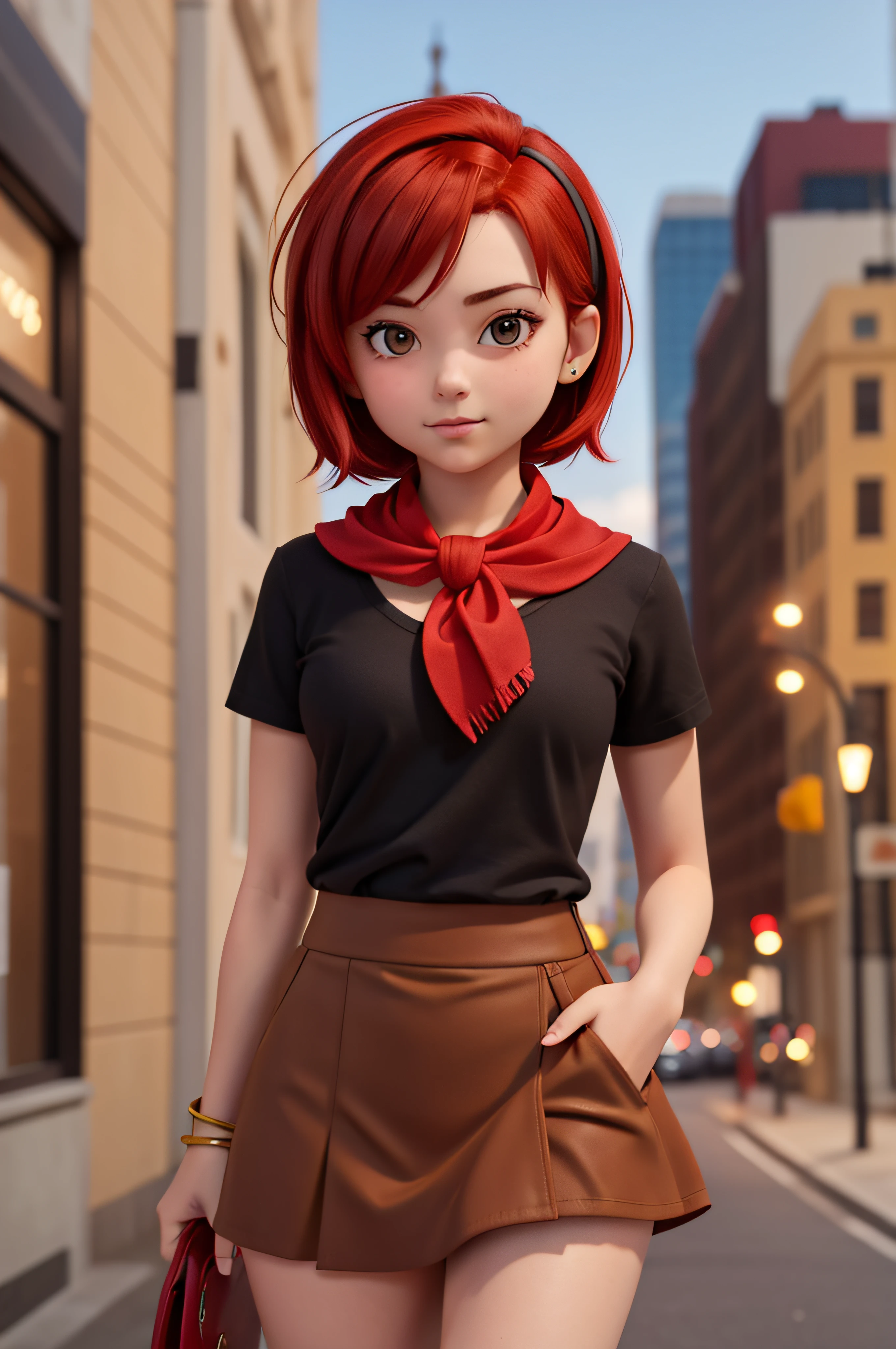 1 girl, 20 years old, short red hair, flash shirt, black mini skirt, colored ribbon in her hair, scarf around her neck, city