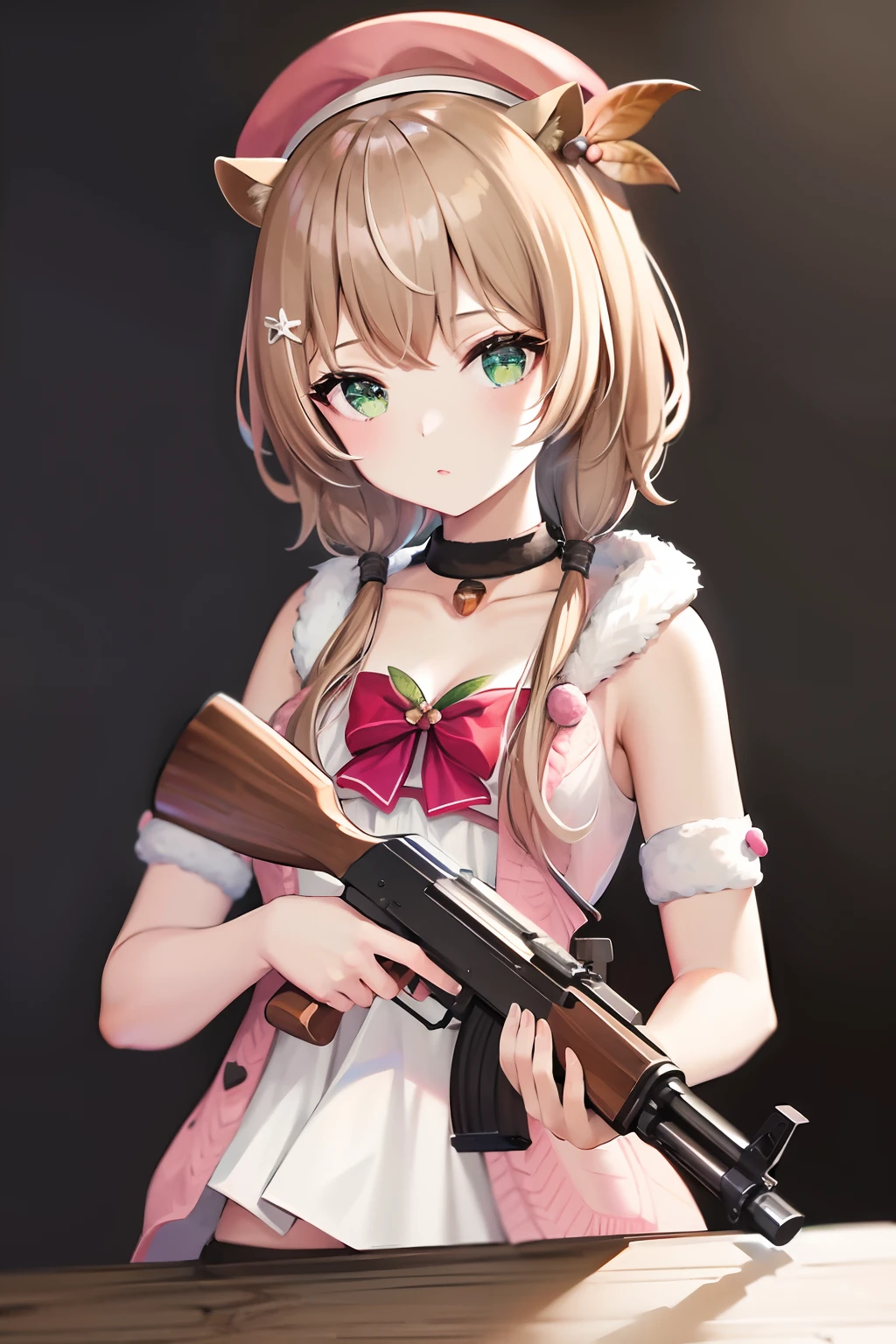 4K,masteRpiece, 最好的质量, high Resolution,1giRl, 独自的, , 持枪, , AKM, assault Rifle, kalashnikov Rifle, tRiggeR_纪律, 瞄准, masteRpiece, 最好的质量, 景深, highRes, 大纲, (1giRl:1.1), R, uppeR body, looking at vieweR, ayunda Risu, squiRRel giRl, squiRRel tail, squiRRel eaRs, white dRess, 白色长筒袜, fuR tRim, 低双马尾, Red bow, beRet, pink caRdigan, leaf haiR oRnament, acoRn, chokeR, bRown footweaR, medium bReasts