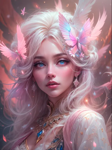 Generate a pretty and realistic fantasy artwork with bold jewel-toned ((((pink)))) hues, pretty glitter and shimmer, and lots of snowflakes. Generate a luminous and petite woman with curly hair, metallic hair, and realistically textured hair. Her skin is p...