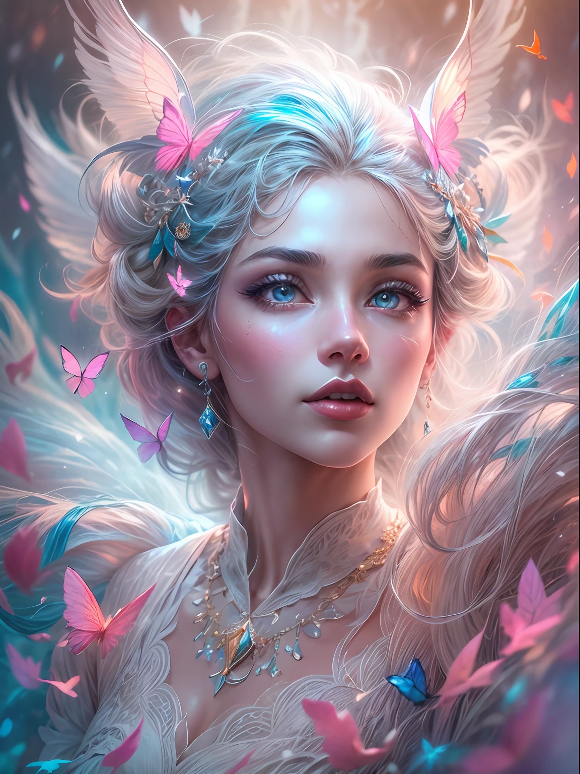 Generate a pretty and realistic fantasy artwork with bold jewel-toned ((((pink and blue)))) hues, pretty glitter and shimmer, and lots of snowflakes. Generate a luminous and  woman with curly hair, metallic hair, and realistically textured hair. Her skin is pure white and seems to glow in the light. The woman's face is important: include ((soft, puffy, big lips, elegant features, and the most beautiful detailed macro eyes)) in the world. The woman is in a winter landscape with soft falling snow and snowflakes, soft white fur, subtle iridescent details, subtle phantasmal iridescent details, and intricate and delicate jewelry that glimmers in the light. Include many small fantasy details like gossamer silk, feathers, delicate and stunning embroidery, and luminous lighting that glimmers. The woman's face is unobscured by details and her eyes are sharp and in high resolution. Incorporate dreamy colors, dynamic lighting, and detailed background elements to create a sense of awe and immersion. Include colorful flying magical birds and jewel-toned butterflies radiating a magical aura. Consider the latest trends in fantasy art, such as incorporating unique lighting effects, exploring dynamic and compelling composition techniques, and experimenting with unique color palettes. Take inspiration from the top artists on ArtStation and Midjourney. Camera: Choose an angle that highlights the character's beauty and enhances the magical majesty of the artwork. Lighting: Utilize atmospheric lighting techniques to create depth and mood. Resolution: Aim for a high-resolution artwork to showcase intricate details and clarity. Art Inspirations: Seek inspiration from the trending artists on ArtStation, exploring different styles, genres, and themes. white skin, pale skin, really pale skin, really white skin, beautiful eyes, fantasy details, shimmer, glimmer, magical birds, magical butterflies, ornate, (((masterpiece))), add_detail:1, earth \(planet\),