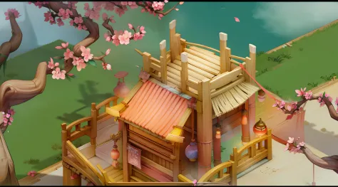 Cinematic lighting，Peach blossom tree, wood bridges,tree house,lawns，Peach garden，The trees are covered with peach blossoms