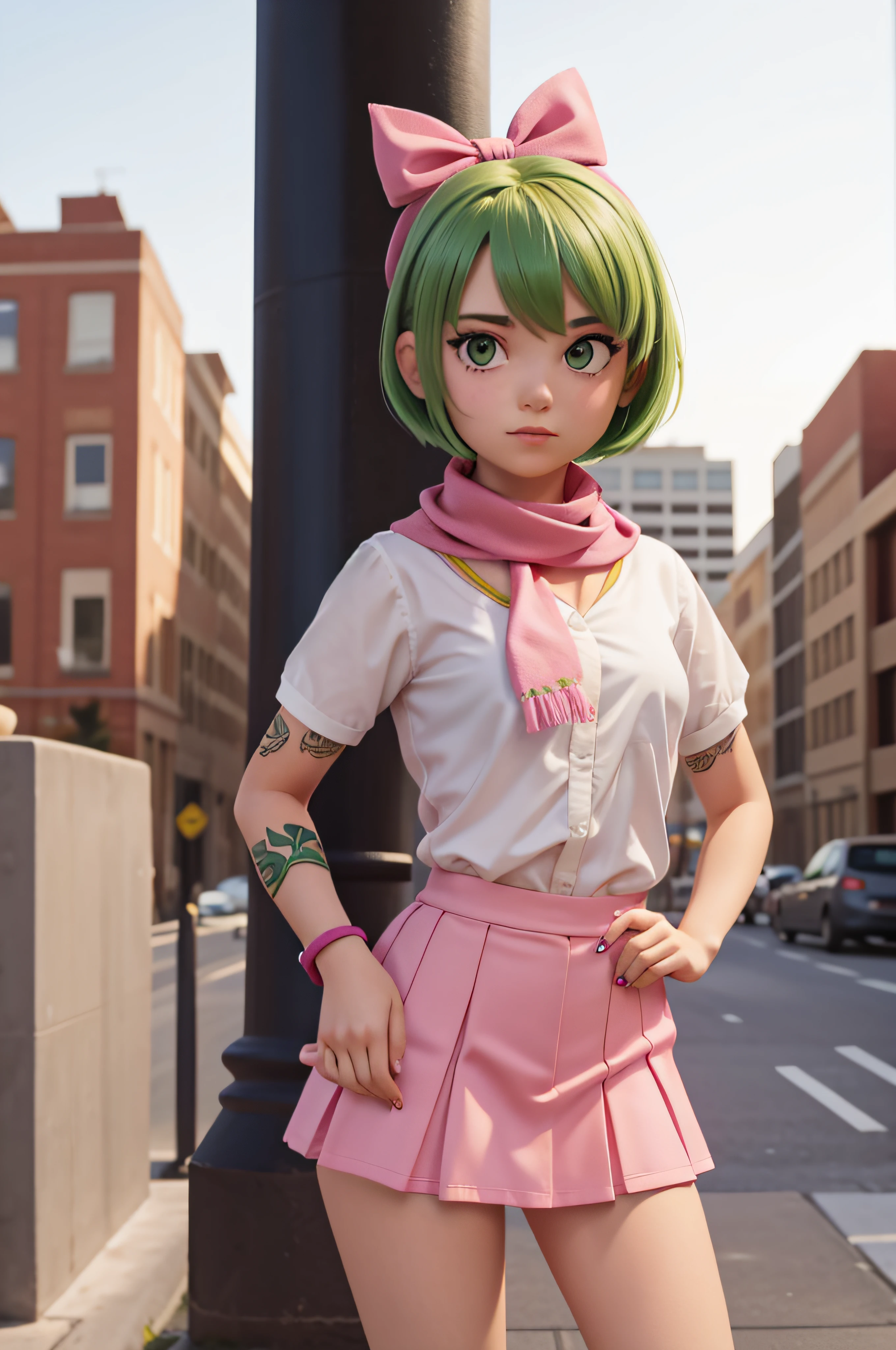 1 girl, 20 years old, short green hair, short shirt, pink mini skirt, colored ribbon in her hair, scarf around her neck, city, tattoo on her arm