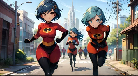 iechan elastigirlhelenparr ,long hair,blue hair,hair ornament,long gloves ,bare shoulders, smiling, running, tights