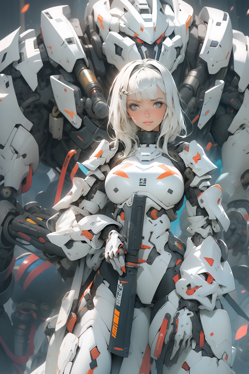 (傑作), (最好的品質), 1個女孩, 機甲, 機甲nical armor, 白色盔甲, 外骨骼, 武器, 重火力, 電影般的