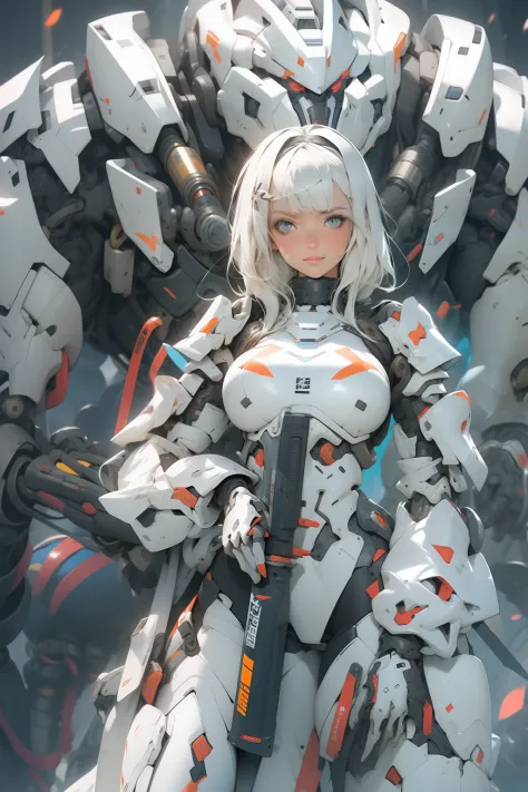 (masterpiece), (best quality), 1girl, mecha, mechanical armor, white armor, exoskeleton, weapon, big gun, cinematic
