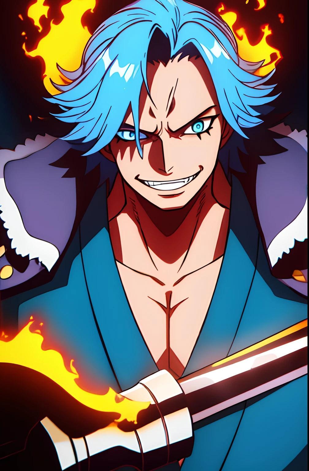 1boy, wanostyle, grimmjow, looking at viewer, solo, upper body, ((masterpiece)), (best quality), (extremely detailed), depth of field, sketch, dark intense shadows, sharp focus, soft lighting, hdr, colorful, good composition, fire all around, spectacular, anime screencap, messy hair, medium length hair, blue hair, blue eyes, long scar on chest, blue marks under eye, teeth, smiling, pirate, grimmjow jaggerjack, sharp canines, infront of large ship, holding trident, sharp shadow, soft lighting, white shark kimono, crown on head