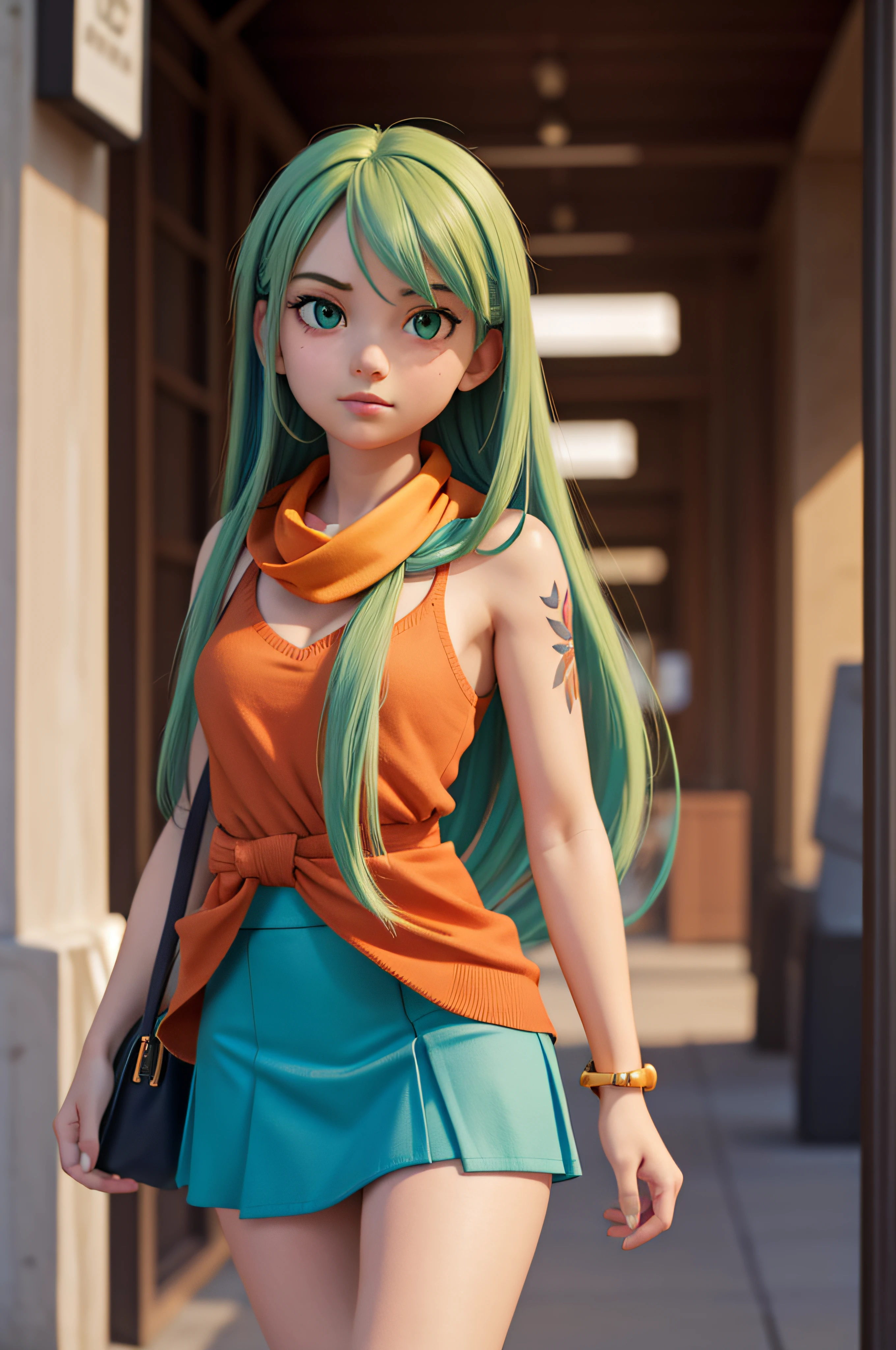 1 girl, 20 years old, long green hair, short orange shirt, blue mini skirt, scarf around neck, city, tattoo on arm