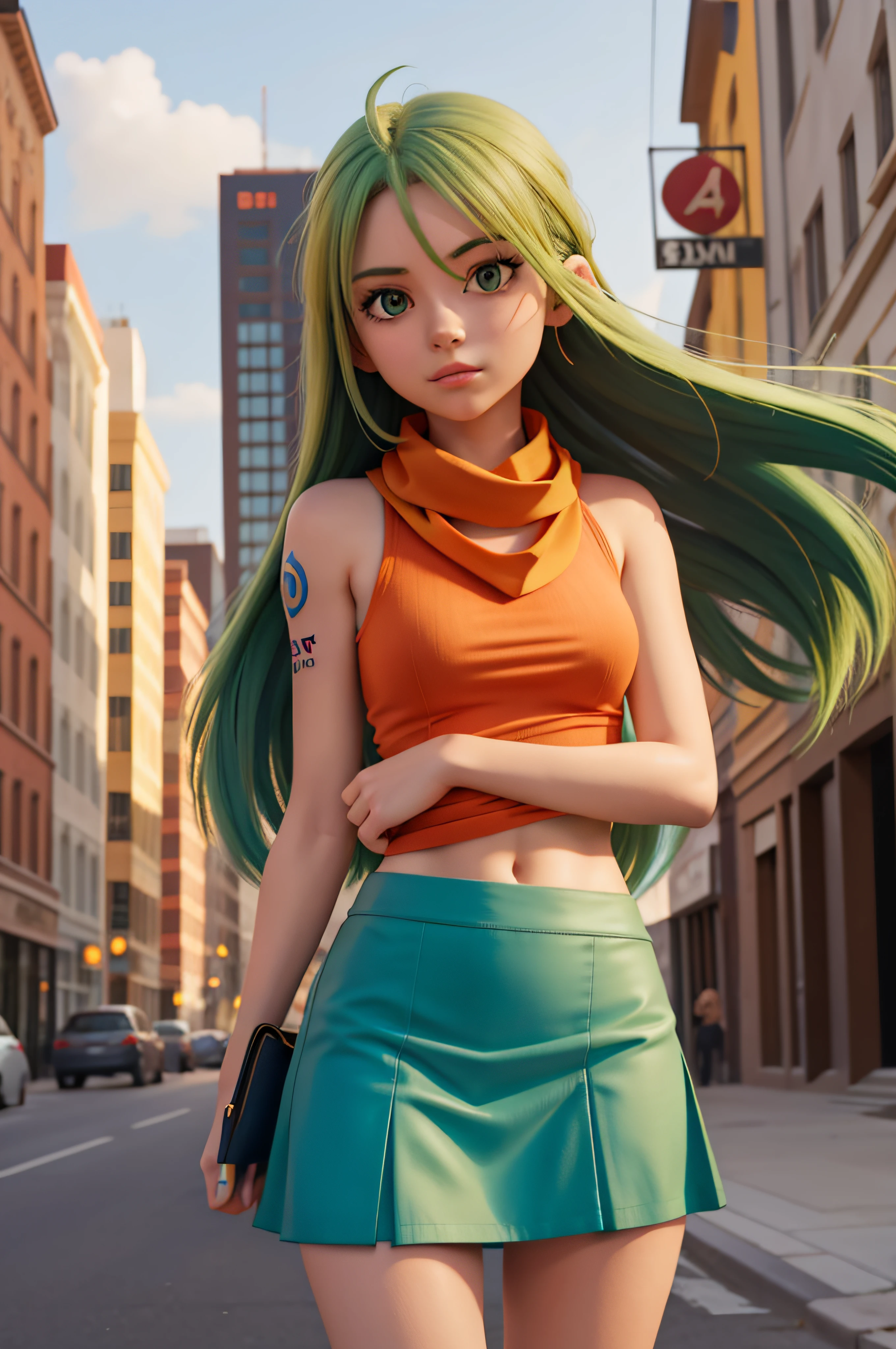 1 girl, 20 years old, long green hair, short orange shirt, blue mini skirt, scarf around neck, city, tattoo on arm