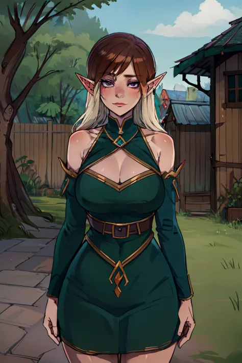 "beautiful young elf girl, wearing an unrevealing and conservative green dress, standing innocently outside of an elfish village...