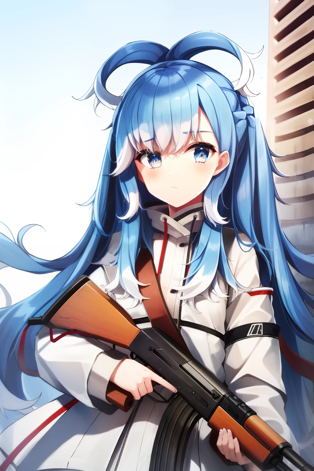 1girl, flat chest, blue hair, long hair, blue eyes, kobo, kanaeru, street background, city, ahoge, white hair tips, holding gun, , akm, assault rifle, kalashnikov rifle, trigger_discipline, aimming,, outdoor