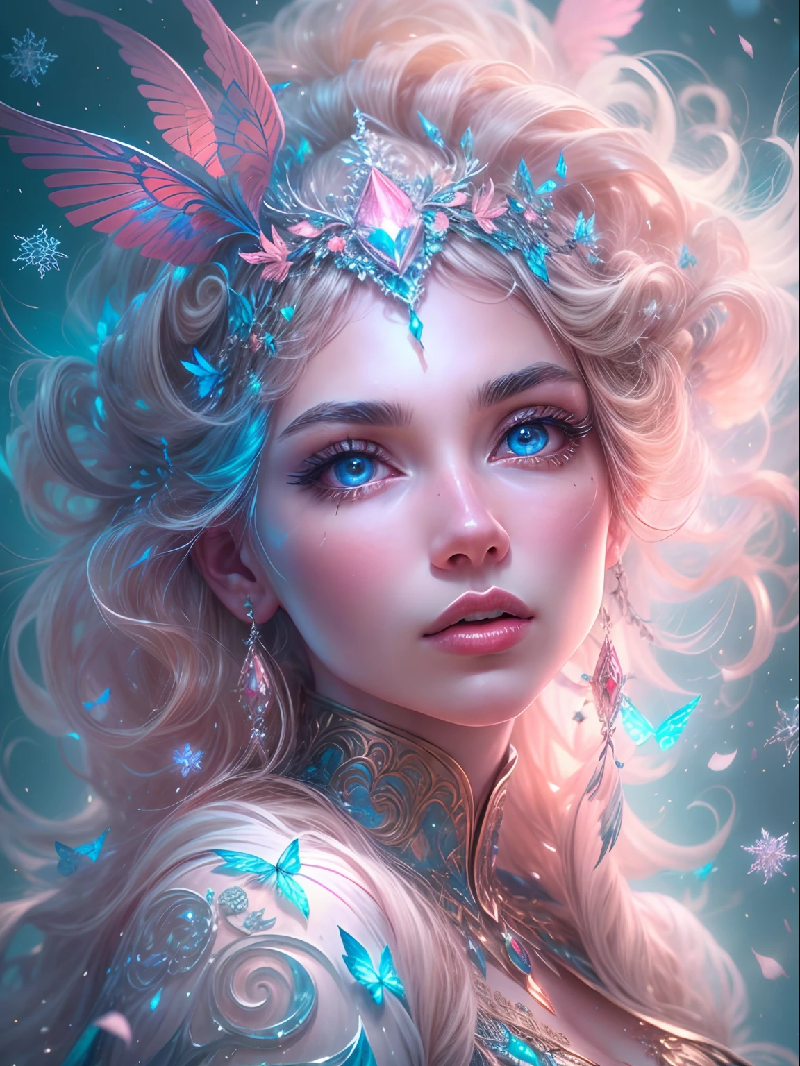 Generate a pretty and realistic fantasy artwork with bold jewel-toned ((((pink and blue)))) hues, pretty glitter and shimmer, and lots of snowflakes. Generate a luminous and petite woman with curly hair, metallic hair, and realistically textured hair. Her skin is pure white and seems to glow in the light. The woman's face is important: include ((soft, puffy, big lips, elegant features, and the most beautiful detailed macro eyes)) in the world. The woman is in a winter landscape with soft falling snow and snowflakes, soft white fur, subtle iridescent details, subtle phantasmal iridescent details, and intricate and delicate jewelry that glimmers in the light. Include many small fantasy details like gossamer silk, feathers, delicate and stunning embroidery, and luminous lighting that glimmers. The woman's face is unobscured by details and her eyes are sharp and in high resolution. Incorporate dreamy colors, dynamic lighting, and detailed background elements to create a sense of awe and immersion. Include colorful flying magical birds and jewel-toned butterflies radiating a magical aura. Consider the latest trends in fantasy art, such as incorporating unique lighting effects, exploring dynamic and compelling composition techniques, and experimenting with unique color palettes. Take inspiration from the top artists on ArtStation and Midjourney. Camera: Choose an angle that highlights the character's beauty and enhances the magical majesty of the artwork. Lighting: Utilize atmospheric lighting techniques to create depth and mood. Resolution: Aim for a high-resolution artwork to showcase intricate details and clarity. Art Inspirations: Seek inspiration from the trending artists on ArtStation, exploring different styles, genres, and themes. white skin, pale skin, really pale skin, really white skin, beautiful eyes, fantasy details, shimmer, glimmer, magical birds, magical butterflies, ornate, (((masterpiece))), add_detail:1, earth \(planet\),