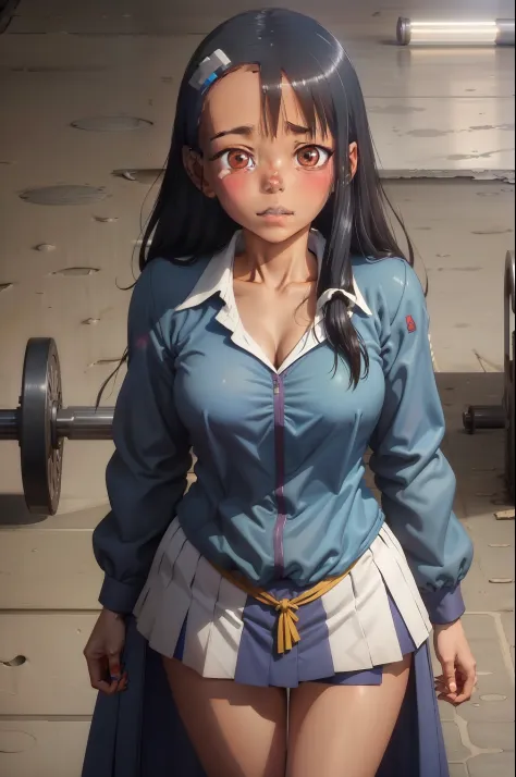 "Nagatoro-san, Fitness gym, corpo definido, roupas de academia, levantamento de pesos, suor corporal."