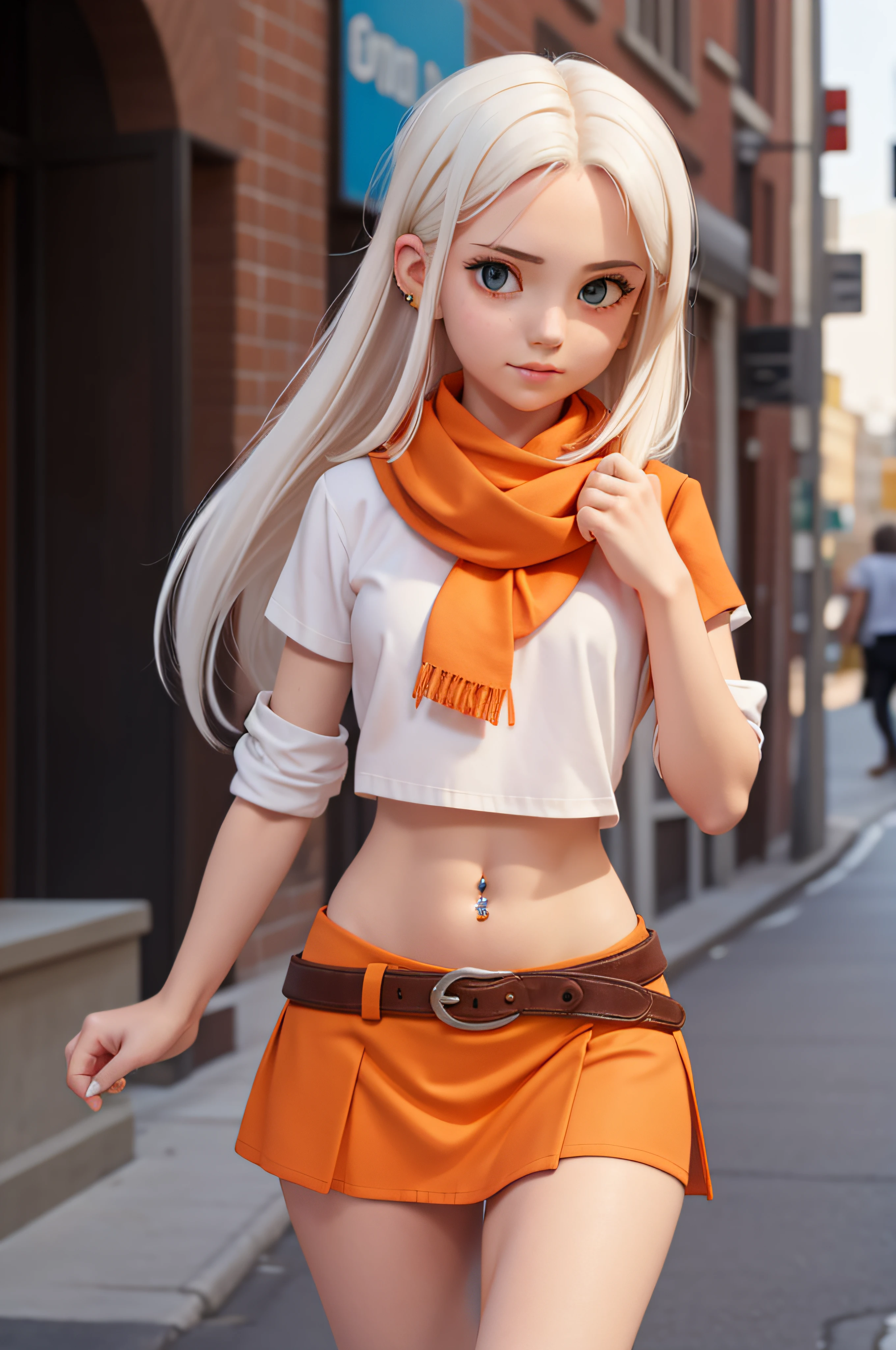 1 girl, 20 years old, long white hair, short orange shirt, blue mini skirt, scarf around neck, city, tattoo on arm, navel piercing