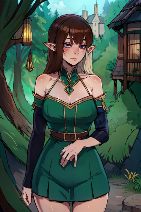 "beautiful young elf girl, wearing an unrevealing and conservative green dress, standing innocently outside of an elfish village...