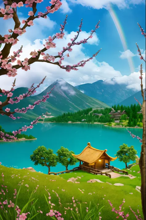 Masterpiece, Best quality, offcial art, Extremely detailed Cg Unity 8K wallpaper, Highly detailed, absurderes, 8K resolution, in a panoramic view, in a spring, sky, Rainbow, Cinematic lighting, Tyndall effect, ((Messy hair)),(grassy fields),(Yellow eyes),u...