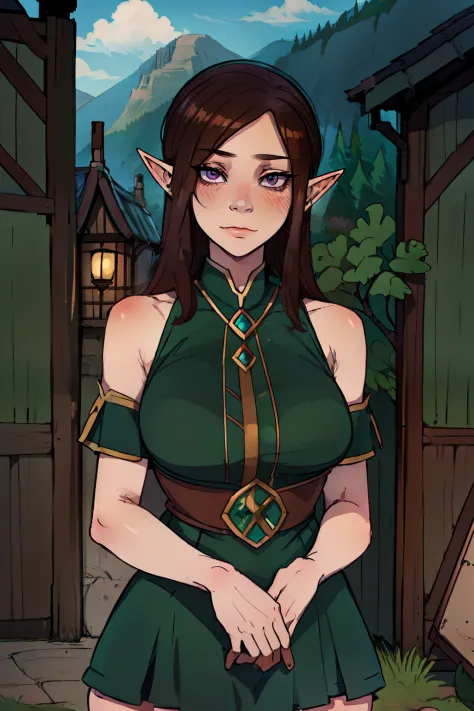"Beautiful young elf girl, wearing an unrevealing and conservative green dress, standing innocently outside of an elfish village...