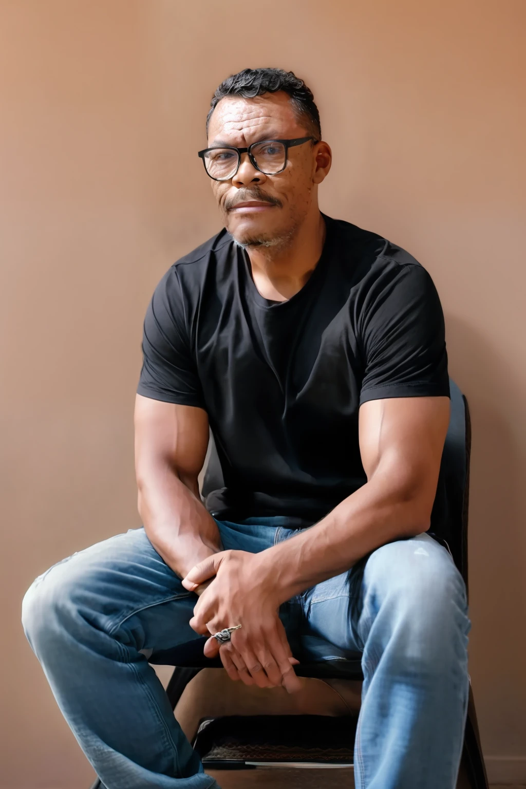 guttonervision8, RAW photo, elegant man wearing glasses sitting on a chair, ((wearing a black t-shirt and jeans)), masculine pose, 105mm professional photography, analog photography, vintage style, (high detailed skin:1.2), 8k uhd, dslr, soft lighting, high quality, film grain, Fujifilm XT3