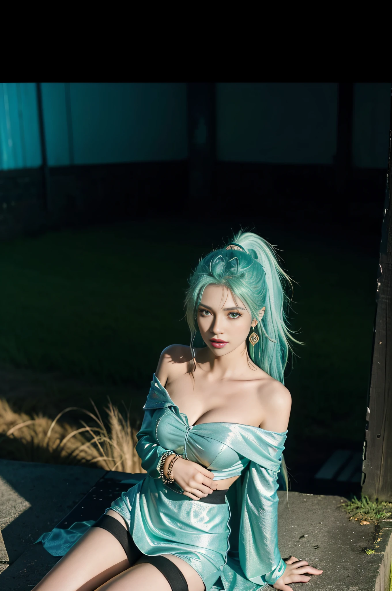 Sky, Field, Wheat, K/Da All Out Seraphine), League of Legends, K/Da \ (League of Legends), 1Girl, Solo, Aqua Green Hair, Gradient Hair, Blue Eyes, Lips, Long Hair, Long Ponytail, Ponytail, Earrings, Jewelry, Armbands, Bracelet, Ice Wings, Blue Dress, Layered Clothes, Black Skirt, One Shoulder Off-the-Shoulder, Cleavage, Stockings, Look to the Audience, Shoot from Above, Look at the Audience, Good-looking Chest, Cleavage, Black Stockings