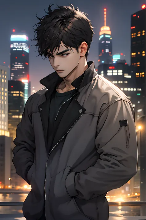 1man,masterpiece,best quality, ultra high res, dusk,cityscape,depth of field, short black messy hair, solo male