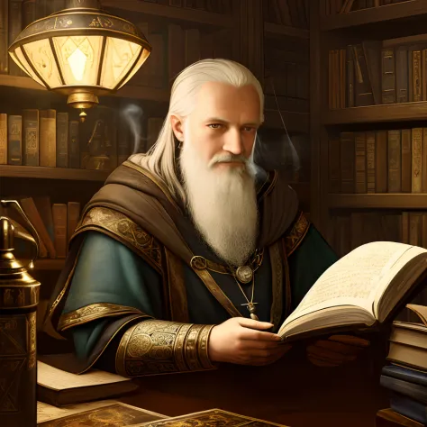 very old wizard, alchemy, looking at book, old medieval painting, smoke, lots of detail, cluttered room, lamp, dark room, detail...