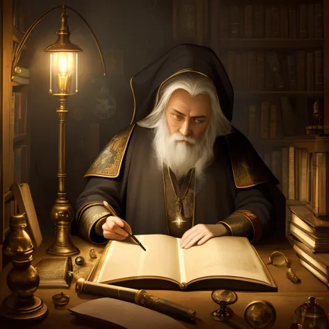 very old wizard, alchemy, looking at book, old medieval painting, smoke, lots of detail, cluttered room, lamp, dark room, detail...