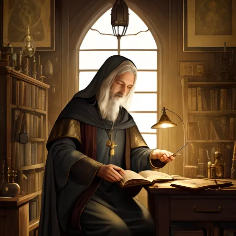 very old wizard, alchemy, looking at book, old medieval painting, smoke, lots of detail, cluttered room, lamp, dark room, detail...