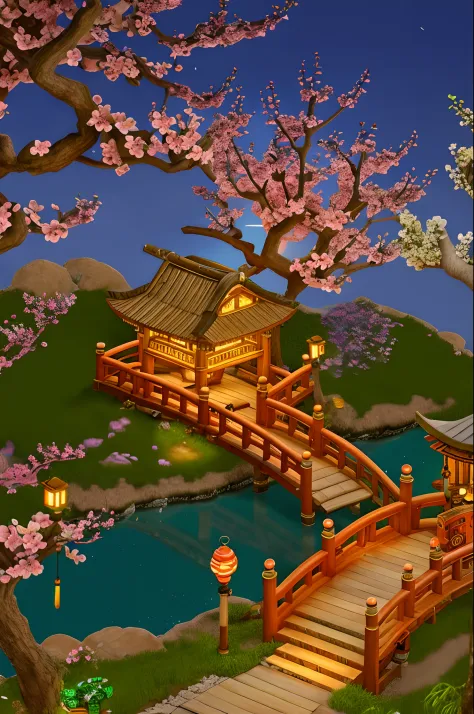 Best quality at best，tmasterpiece，Beautiful wild and natural fantasy landscape，With glowing lights，arcadia，Cinematic lighting，Peach blossom tree, wood bridges,tree house,lawns