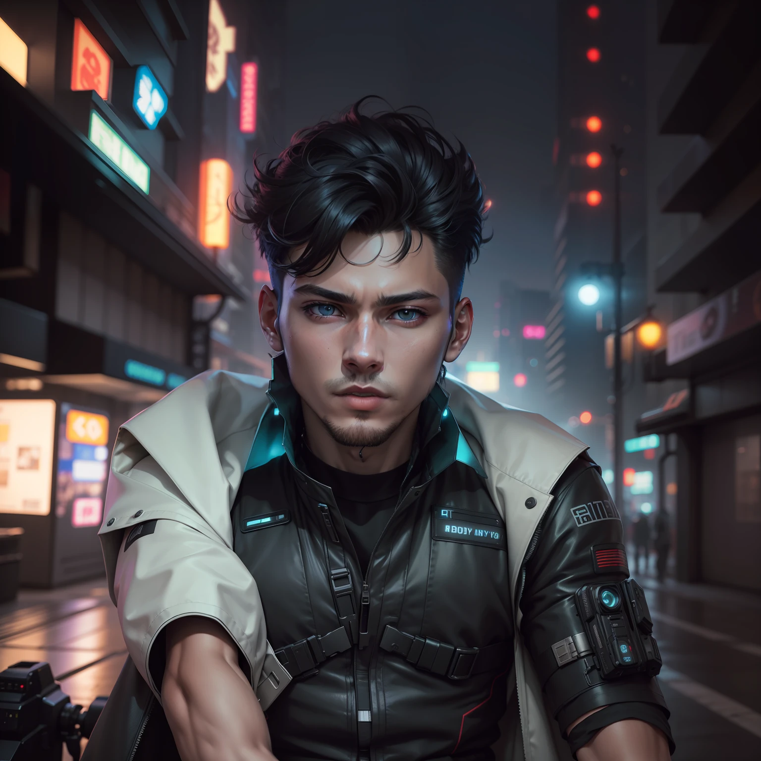 landscape 1boy, 27 years old,  futuristic cyberpunk clothes, night, detailed futuristic cyberpunk tokio street, medium full shot, photorealistic, masterpiece, realistic, 8k dslr, extreme detailed eyes, extreme detailed face, extreme detailed body, FujiFilm XT3