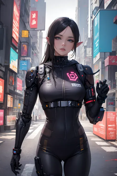 mulher arafed em uma roupa preta e dourada andando por uma rua, em cyberpunk city, of a beautiful female warframe, oppai cyberpu...