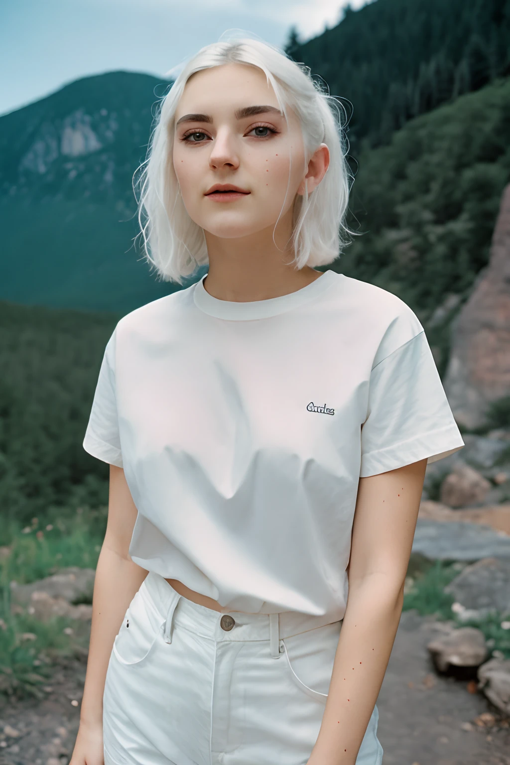 evafie , cheveux blancs, chemise blanche, Éclairage dramatique, éclairage de jante, profondeur de champ et bokeh doux, ciel bleu, montagne, Photographie argentique 35 mm,