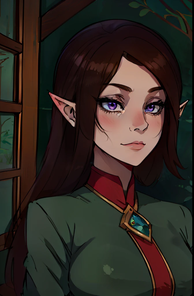 "Beautiful young elf girl, wearing an aristocratic and conservative green dress, standing at the interior of an elfish palace decorated with elfish ornamentation and patterns, long brown hair, purple eyes, elf ears, best quality, masterpiece, ultra-detailed, award winning art, portrait"