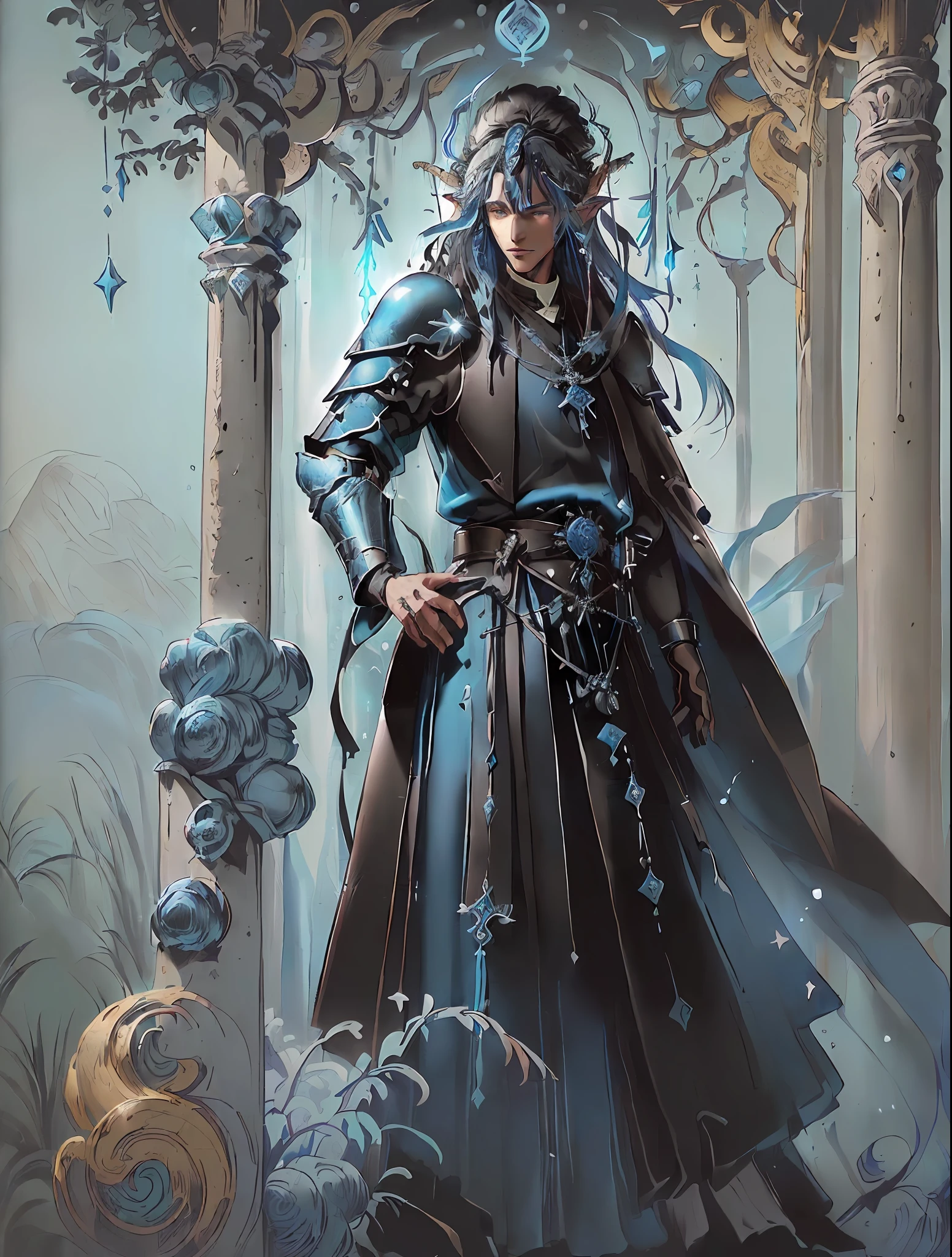 ((Male arafed in a blue and black outfit standing in a forest, Magic to Sorcerer Gathering, Retrato de um male wizard, male wizard, Portrait of a blue wizard, full portrait of elementalist, Male celestial wizard), (hooded cloak, flowing robes and leather armor, blue coat), (Portrait of a male elf wizard, Male elf priest))