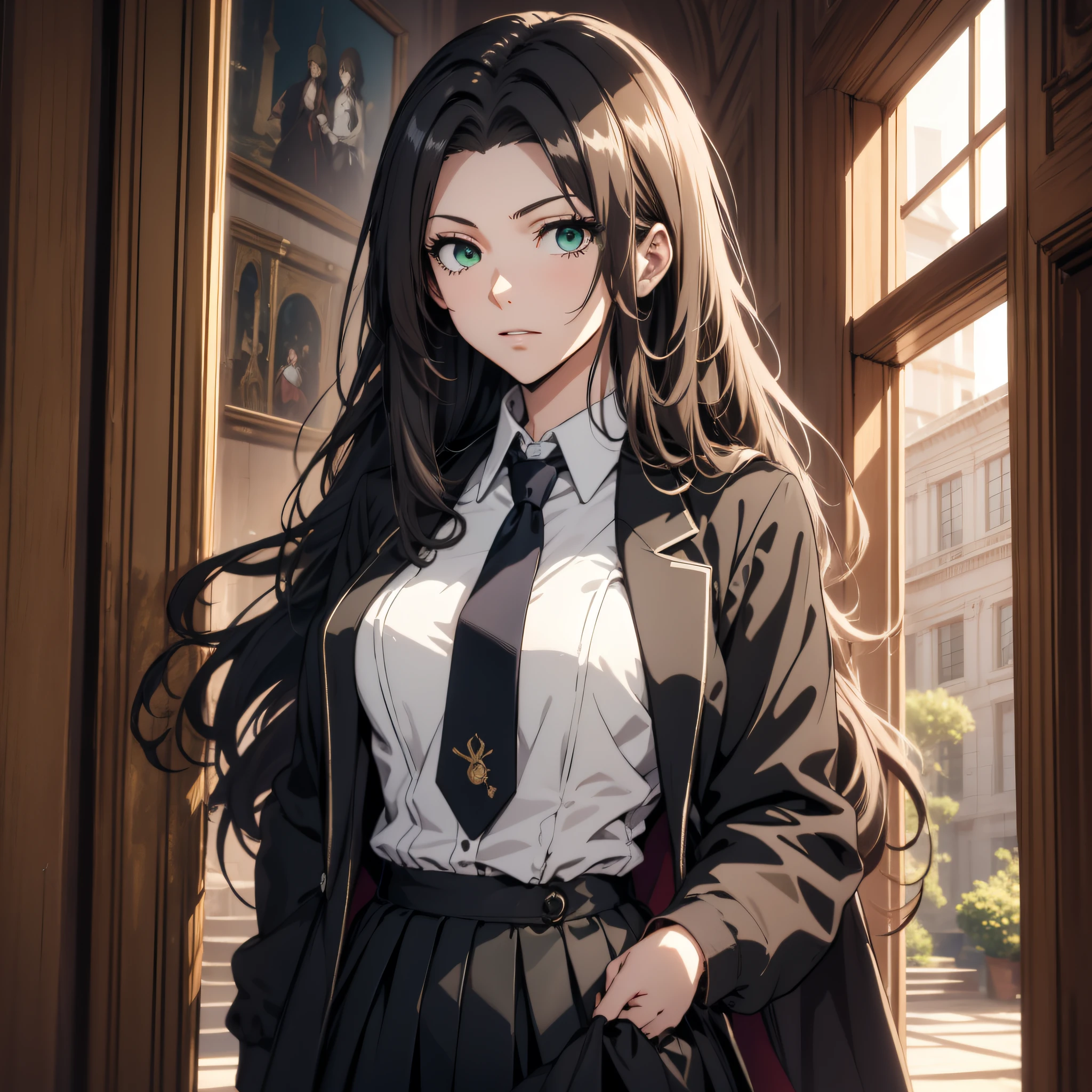 (best quality, masterpiece, ultra-detailed, extremely detailed, highres), (1girl, single, solo), 20 years old Anime girl, long raven hair, slightly wavy hair, parted bangs, Magus, green eyes, (necktie, single necktie), long black coat, white shirt, black skirt, aristocrat, noble attire, beautiful, ethereal, elegant, prestigious, classic, royal building