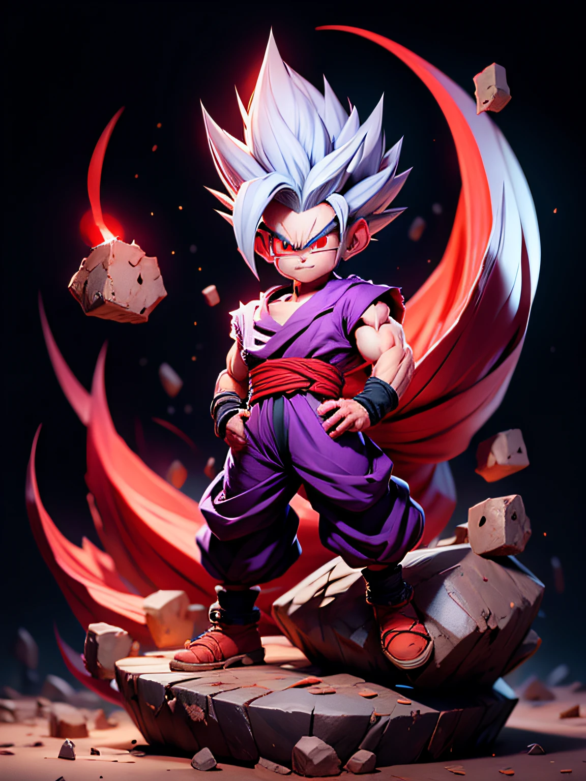 masterpiece, best quality, ultra-detailed, Adult Gohan 1boy, solo, Full body, evil smile, grey hair, spiked hair, (((red eyes))), (((perfect eyes))), (((PURPLE dougi))), full body, looking at viewer, male focus, earth \(planet\), planet, space, cracked ground and lots of rocks rising up, lots of debris going up, perfect hands . Cute, chibi,