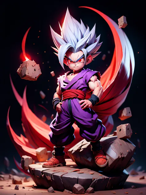 masterpiece, best quality, ultra-detailed, Adult Gohan 1boy, solo, Full body, evil smile, grey hair, spiked hair, (((red eyes))), (((perfect eyes))), (((PURPLE dougi))), full body, looking at viewer, male focus, earth \(planet\), planet, space, cracked gro...