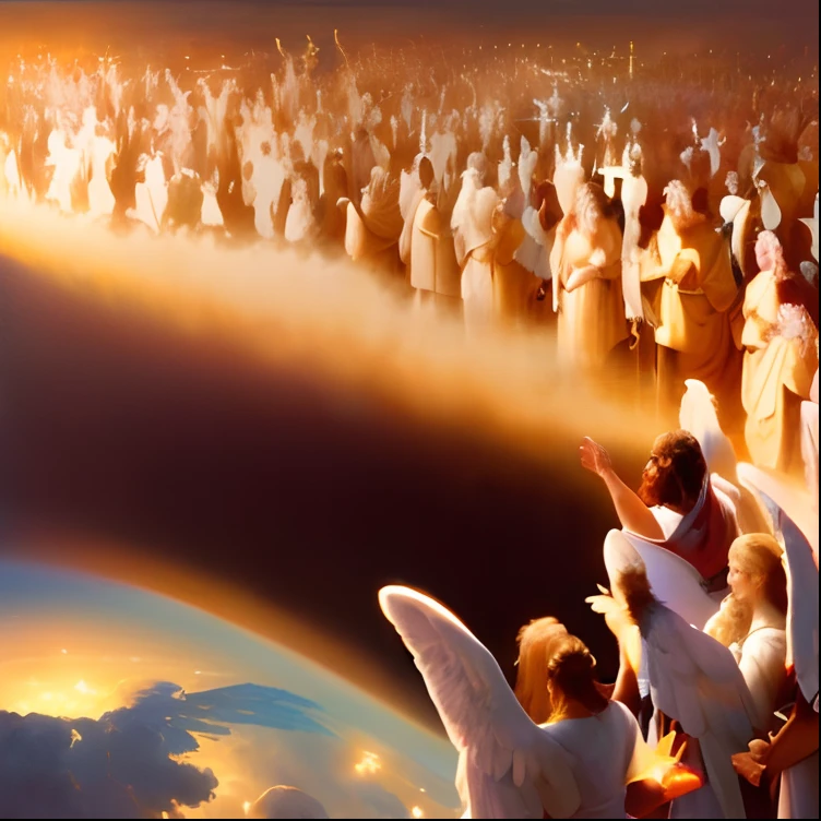 a painting of a group of angels standing in front of a large group of people, Anjos, heaven on earth, angels in the sky, anjos biblicamente precisos, heaven!!!!!!!!, many beings walking about, epic biblical representation, Segunda vinda, arrebatamento celestial, some cosmic angels, O Arrebatamento, angels protecting a praying man, reino divino dos deuses