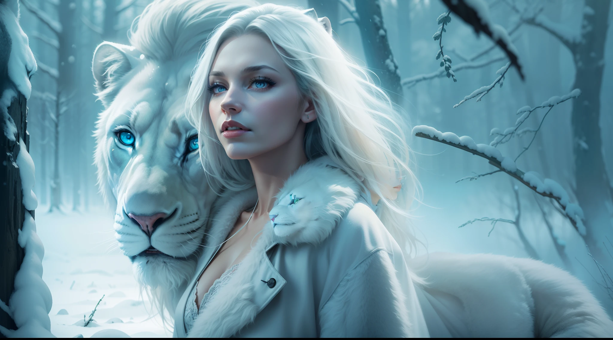 Arafed woman with white hair and blue eyes standing in a snowy forest -  SeaArt AI