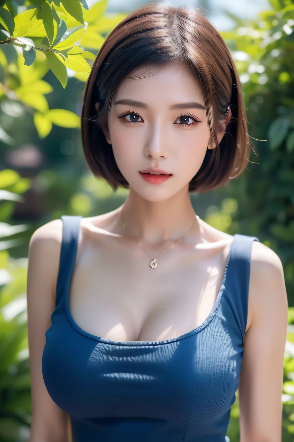 （A high resolution，high lighting，4K），Long face，1girll，the face，详细的the face，trpical garden，short detailed hair，She has a butterfly on her head，close-up face，The sun at noon，huge tit)，looking at viewert，Close range - intensity，a blue dress，Keep one's mouth shut，