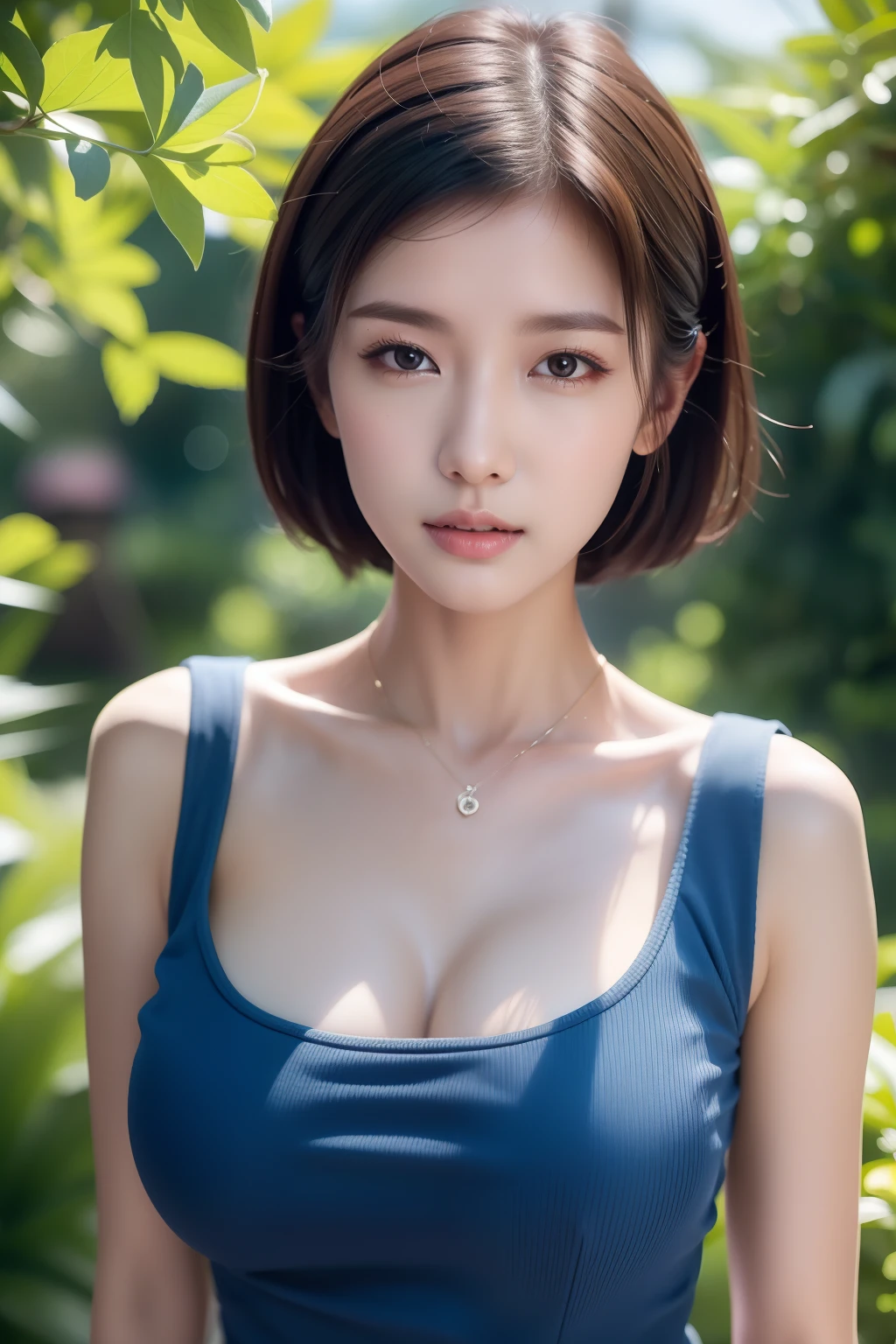 （A high resolution，high lighting，4K），Long face，1girll，the face，详细的the face，trpical garden，short detailed hair，She has a butterfly on her head，close-up face，The sun at noon，huge tit)，looking at viewert，Close range - intensity，a blue dress，Keep one's mouth shut，