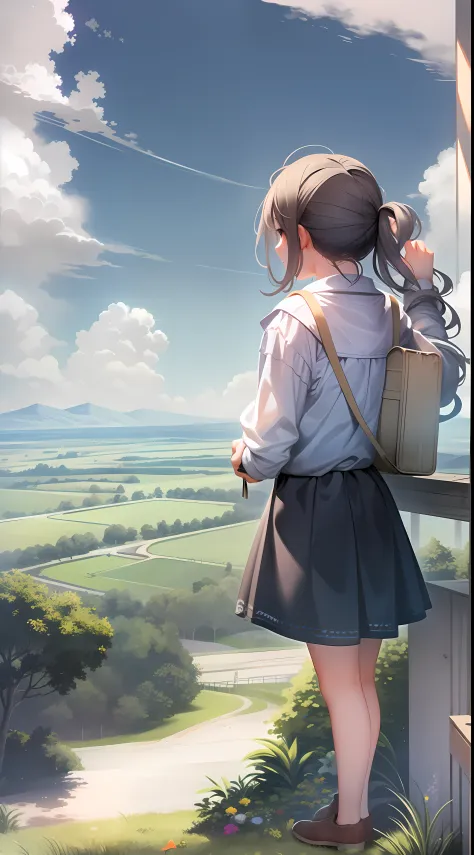 From the top of a small hill in a rural town、The scenery that a teenage girl looks at、Cumulonimbus clouds on a clear summer day、The landscape spreads out in the distance。There is a deep emotion in the girl's eyes.、His expression reflects quiet joy and sadn...