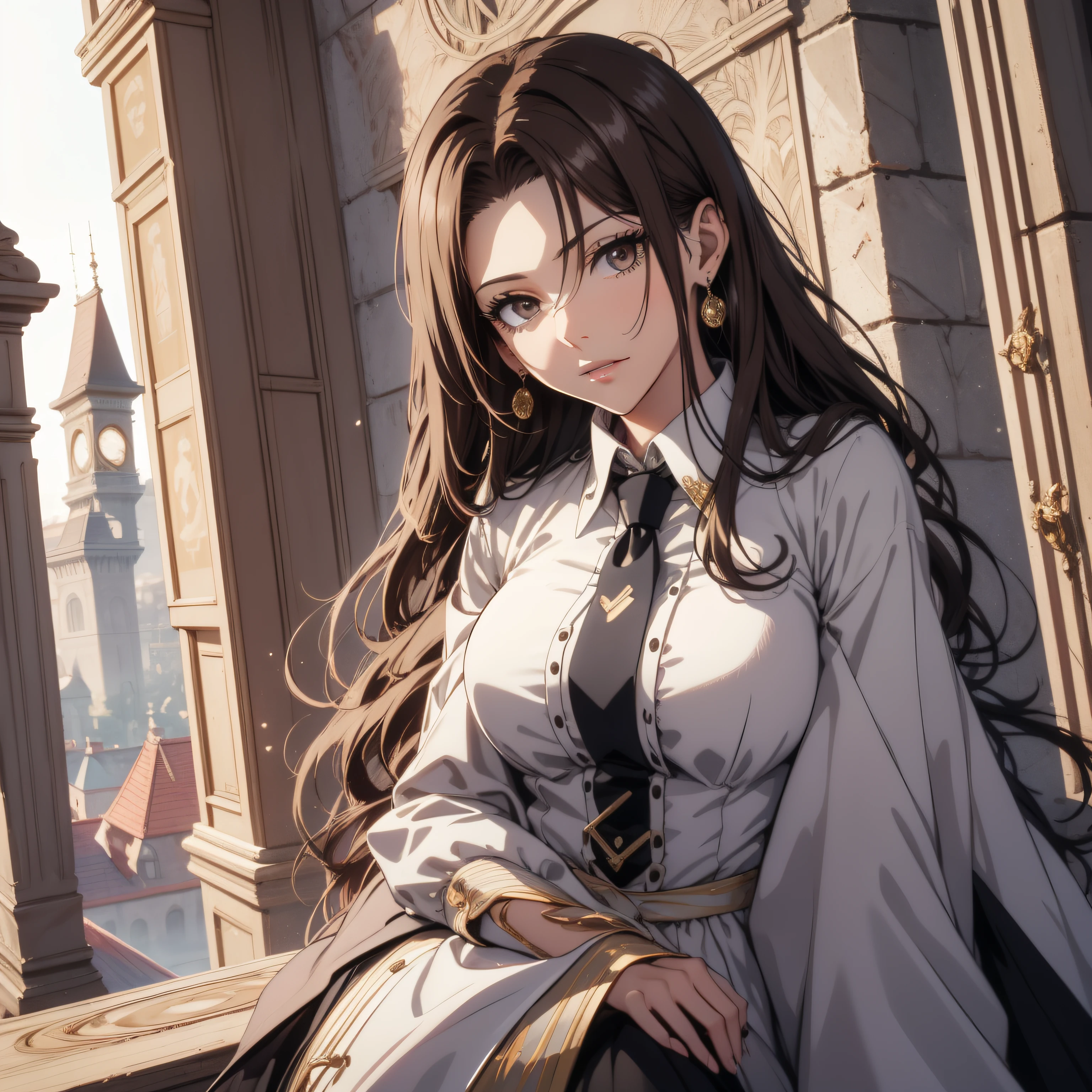 (best quality, masterpiece, ultra-detailed, extremely detailed, highres), (1girl, single, solo), 20 years old Anime girl, brown hair, long raven hair, slightly wavy hair, parted bangs, Magus, brown eyes, diamond earrings, long black coat, necktie, white shirt, black skirt, aristocrat, noble attire, beautiful, ethereal, elegant, prestigious, classic, royal building, natural lips, magic school