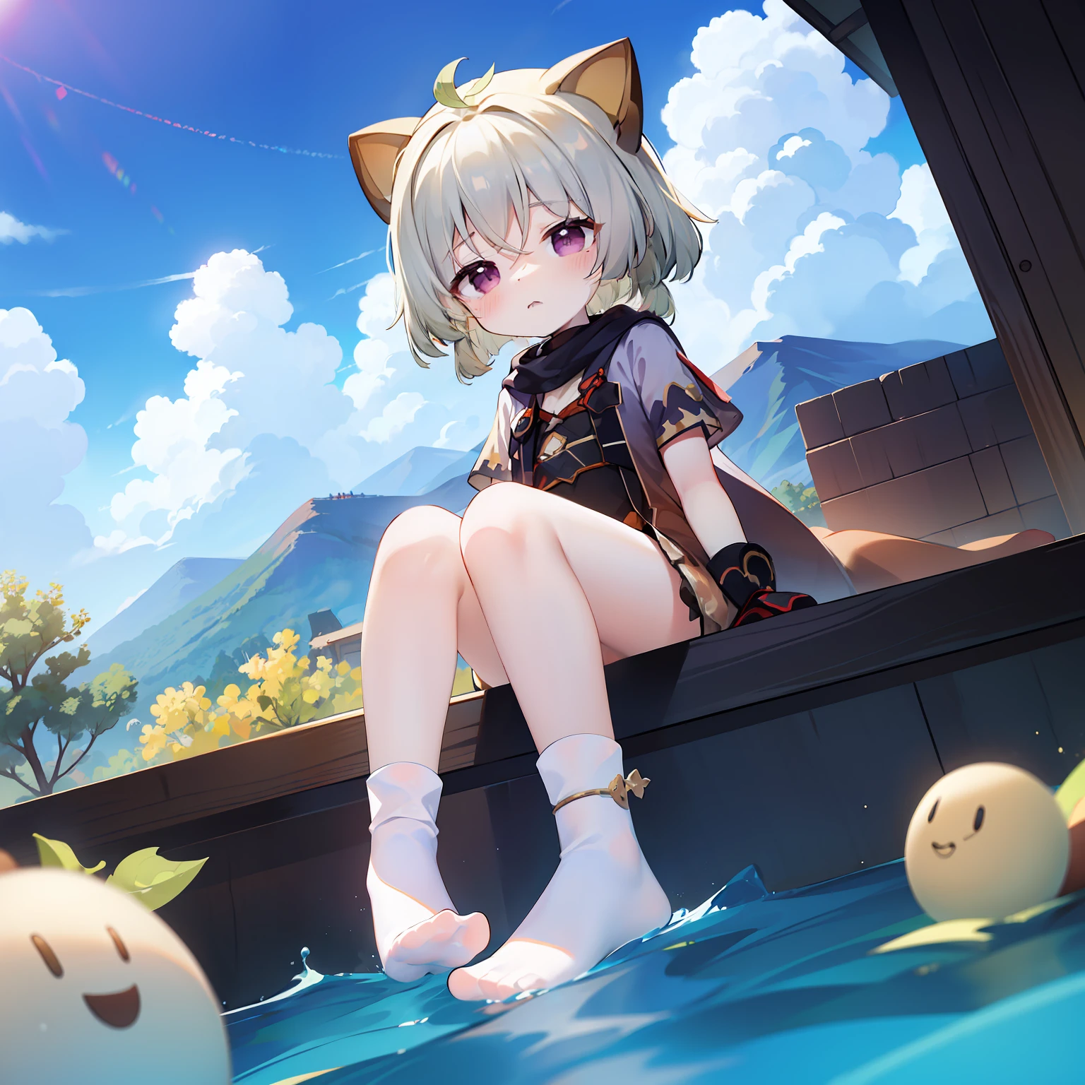 Be red in the face， exteriors， In the daytime， simple backgound， blue-sky， Rippled hair， Skysky， Look at the audience loli， The expression is cute，Small short legs，head portrait，White over-leg socks,sitted,White dress,No shoes，pantiess