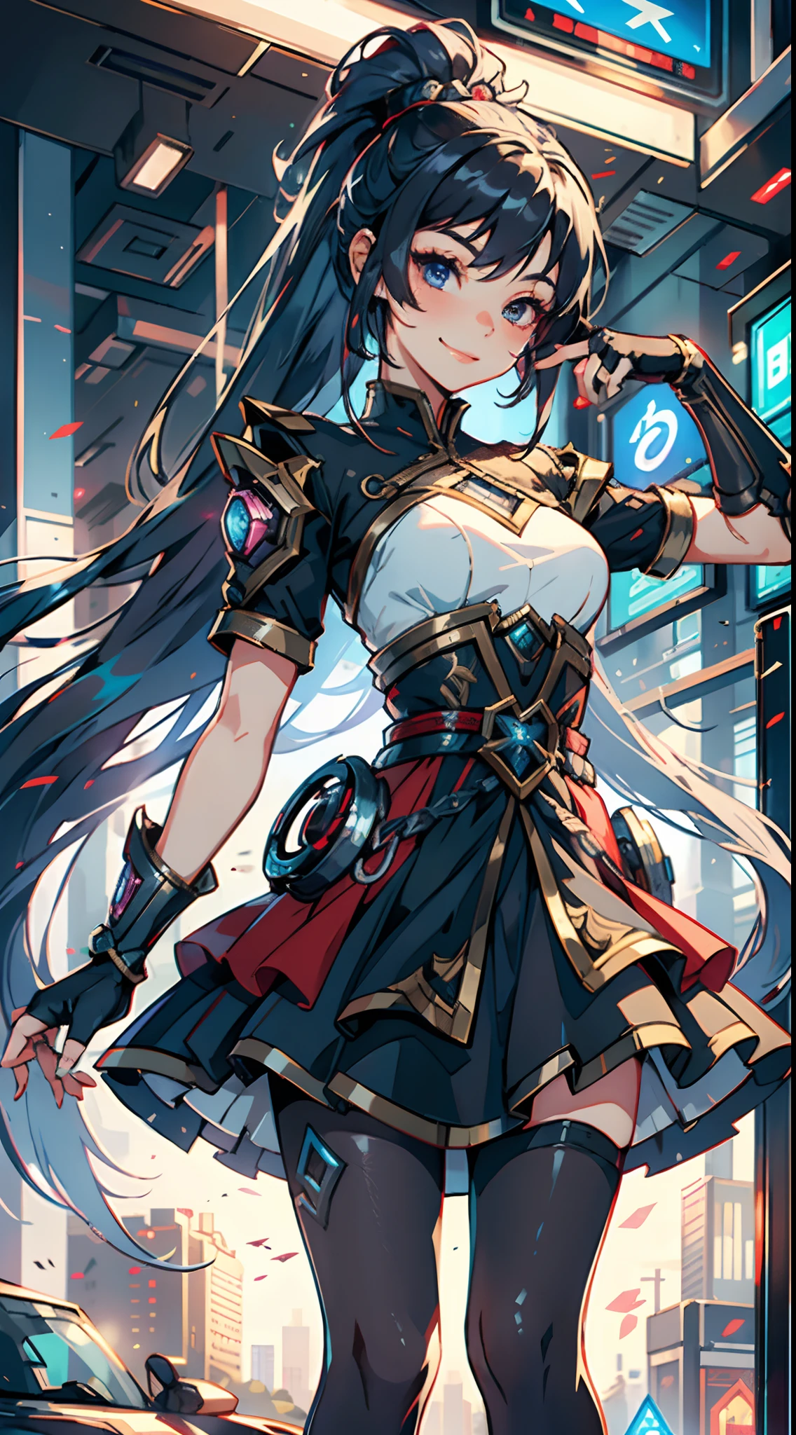 League of Legends, Zoe, 1 Girl, Heterochromia, Heterochromia, Short Skirt, Black Dress, Pantyhose, Very Long Hair, Fingerless Gloves, Smile, Shut Up, Upper Body, Porter Qualities, Short Stature, Cyberpunk, Hanbok