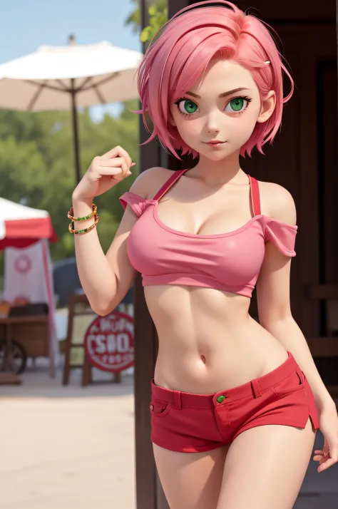 1 girl, 20 years old, short pink hair, red top, short green shorts, showing navel, green eyes, market
