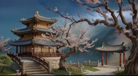 Ancient Chinese landscapes, Realistic lighting，Sun halo， Masterpiece, High quality, Beautiful graphics, High detail,Cinematic lighting，Peach blossom tree, wood bridges,tree house,lawns