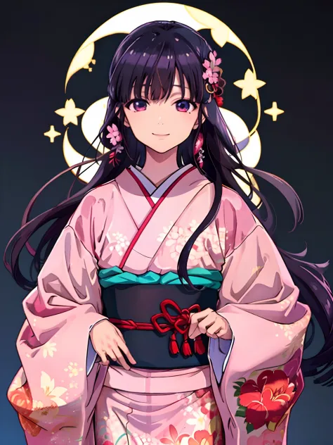 Miyo Nishimori, 1girl in, Solo, Looking at Viewer, wave her hand, Hand up, Smile,  Pink kimono, komono, sash, Hair Ornament, Lon...