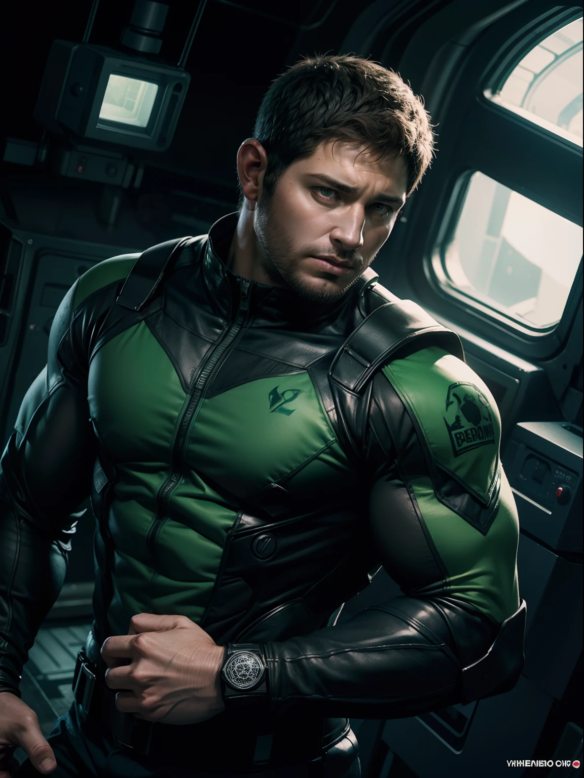 1 homem, solo, 35 anos, (((Chris Redfield))), vestindo camiseta verde, cor branca no ombro e um logotipo bsaa no ombro, millitary tactical suit, alto e hunk, biceped, abdominais, peito, melhor qualidade, obra-prima, alta resolução: 1.2, preto escuro corredor sombrio no fundo, rosto detalhado, sombra, volumeric lighting, foco central, low camera angle