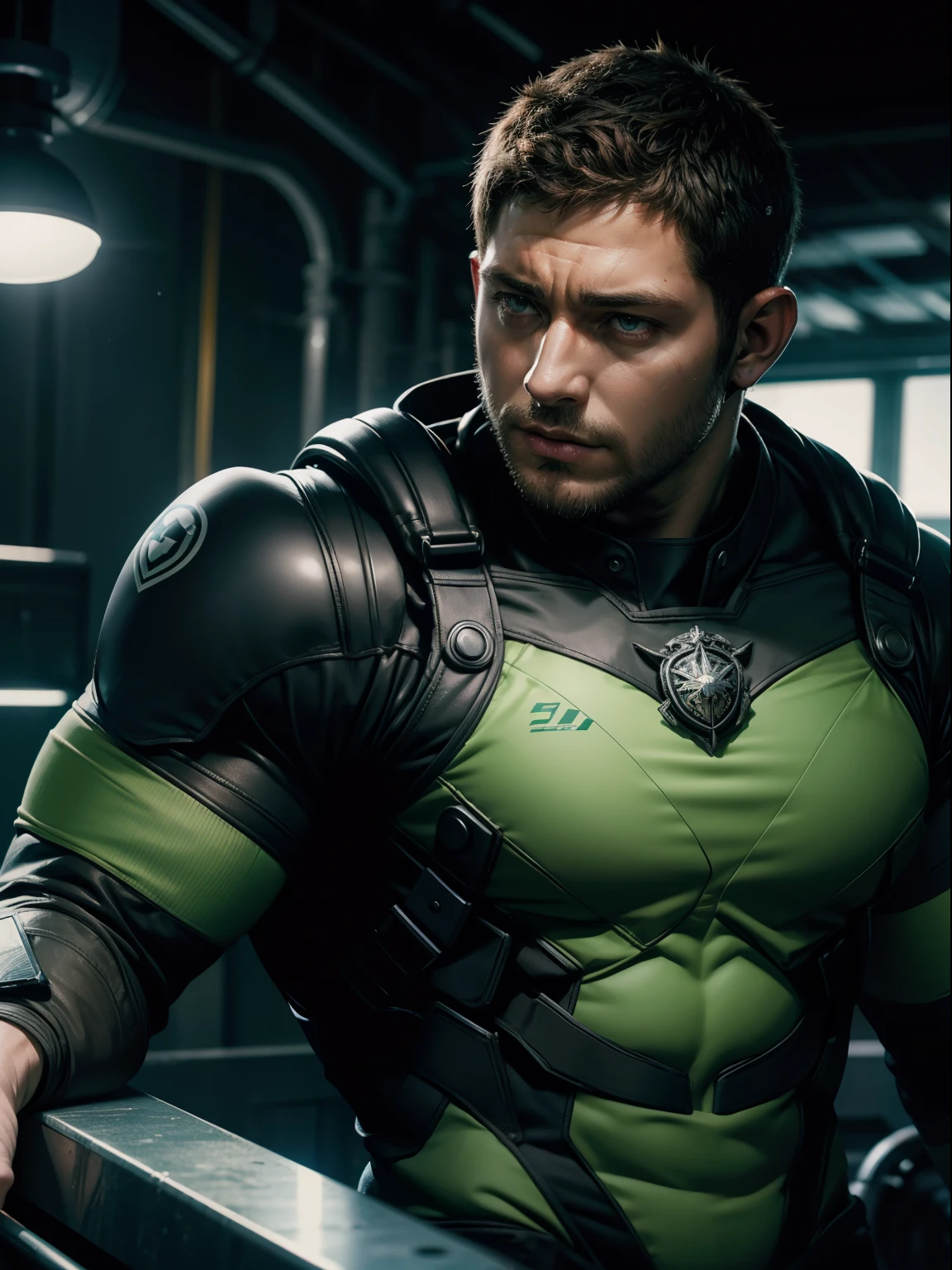 1 homem, solo, 35 anos, (((Chris Redfield))), vestindo camiseta verde, cor branca no ombro e um logotipo bsaa no ombro, millitary tactical suit, alto e hunk, biceped, abdominais, peito, melhor qualidade, obra-prima, alta resolução: 1.2, preto escuro corredor sombrio no fundo, rosto detalhado, sombra, volumeric lighting, foco central, low camera angle