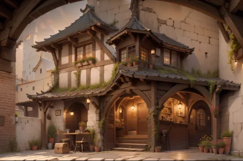 Buildings with wooden beams,, liang, Wooden support, interior view,、Ghibli、hiquality、medieval times、Western style、Italian style、There is no window in the back、There are no people、Silence、The dim、fish-eye lens、in isekai、leisure、unmanned、no Animal、No humans、...